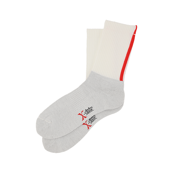 White socks X-static with red stripe on the back side of the cuff