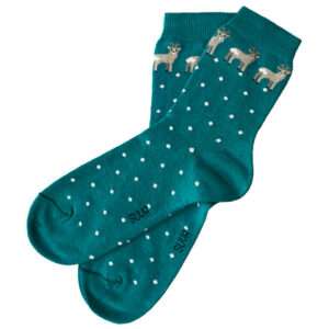 Greenish-blue color socks with little deers with little white dots