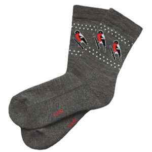 Grey merino wool socks with terry sole and robin pattern